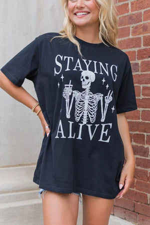 white t-shirt featuring stretch and graphic print