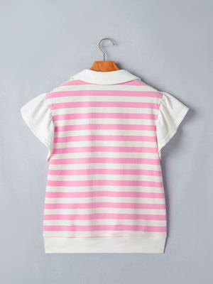 Blush pink and white striped cotton blouse with ruffled sleeves and collar.