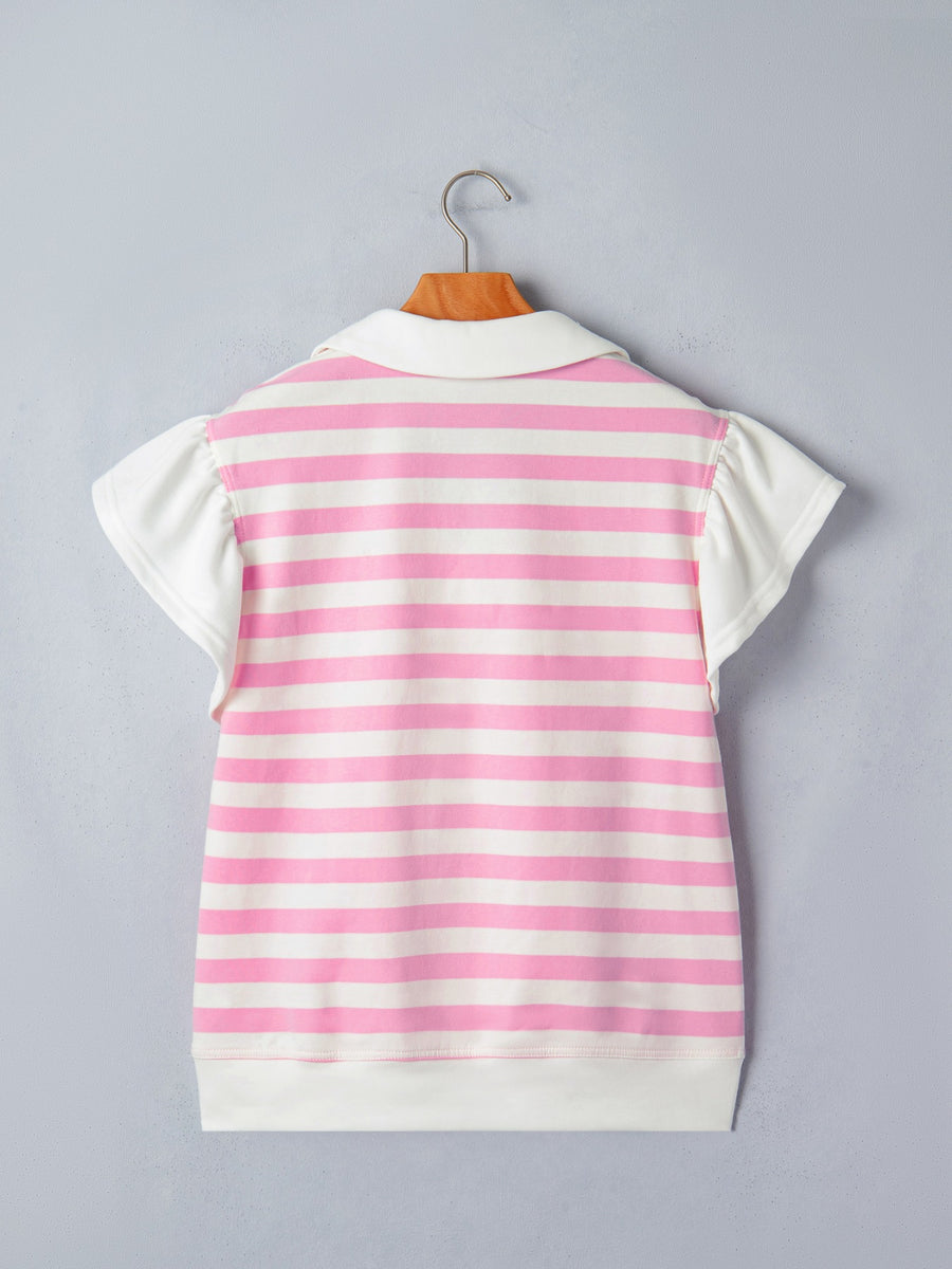 Blush pink and white striped cotton blouse with ruffled sleeves and collar.