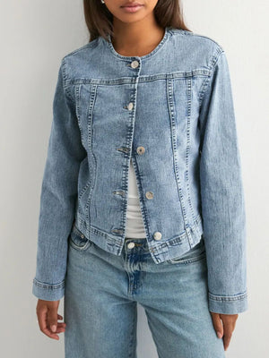 Button-down denim jacket with seam detailing and collarless neckline.