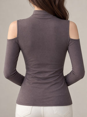 Mock Neck Cutout Shoulder Slim-Fit T-Shirt in Black