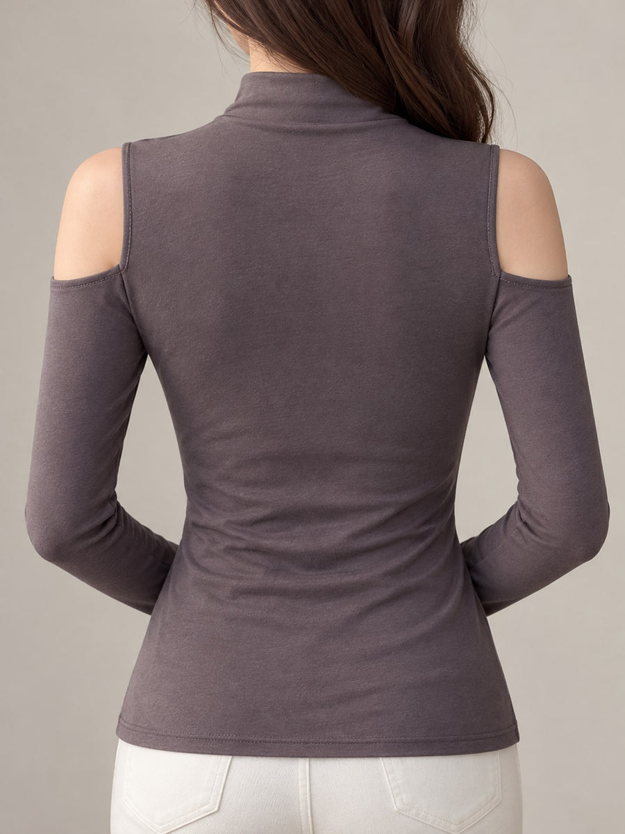 Mock Neck Cutout Shoulder Slim-Fit T-Shirt in Black
