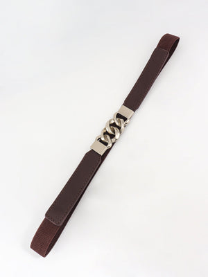 Chocolate and silver chain detail faux leather elastic belt