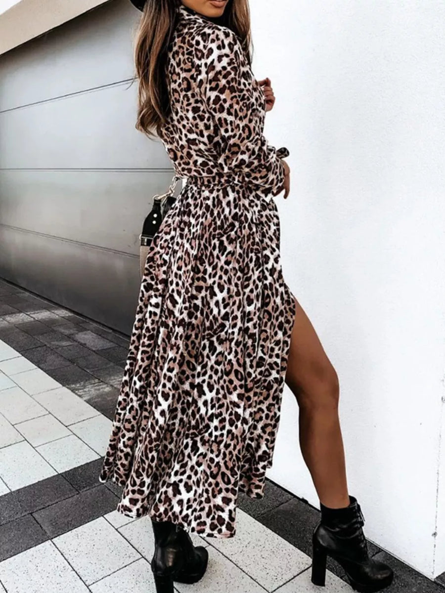 Leopard Print Button-down Midi Dress With Belt in mini leopard print