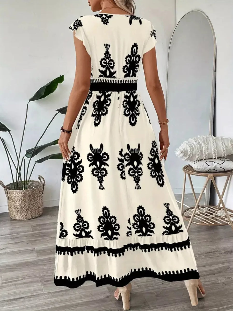 Moss Ruffled Printed V-neck Maxi Dress