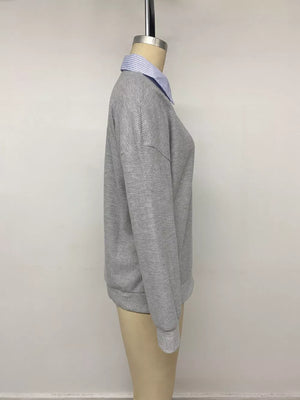 Striped Collar Dropped Shoulder Sweatshirt in light gray