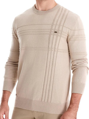 Textured crewneck knit sweater in Dust Storm with horizontal and vertical ribbed panel details.