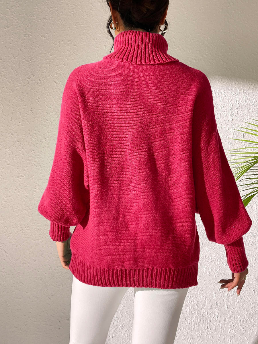 Balloon sleeve turtleneck sweater in Deep Red knit with ribbed cuffs and hem.
