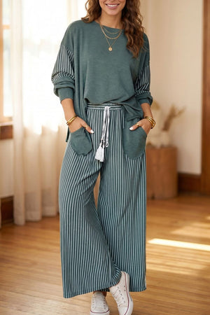 dark teal lounge set with striped and crew neck