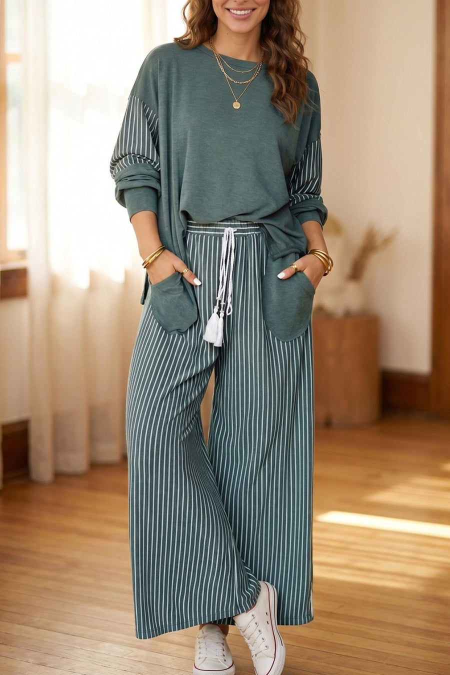 dark teal lounge set with striped and crew neck