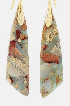 Mosaic stone drop earrings in gold with natural stone pattern and copper accents.