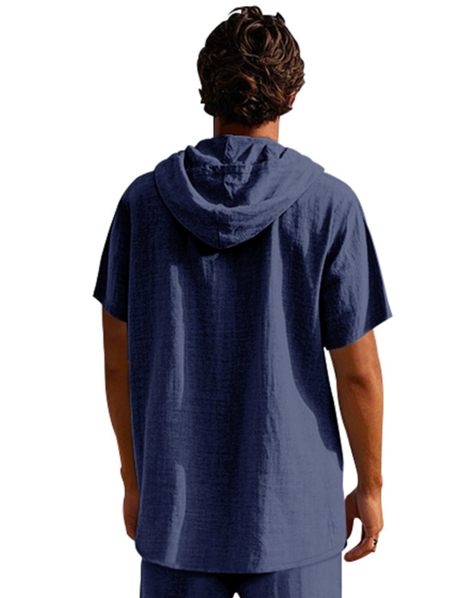 Men's navy blue linen short sleeve hooded shirt
