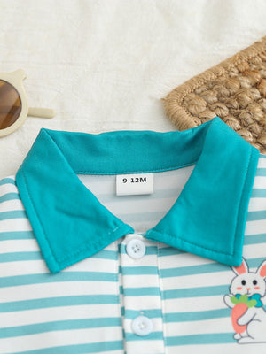 Children's striped polo shirt with bunny graphic and turquoise collar.