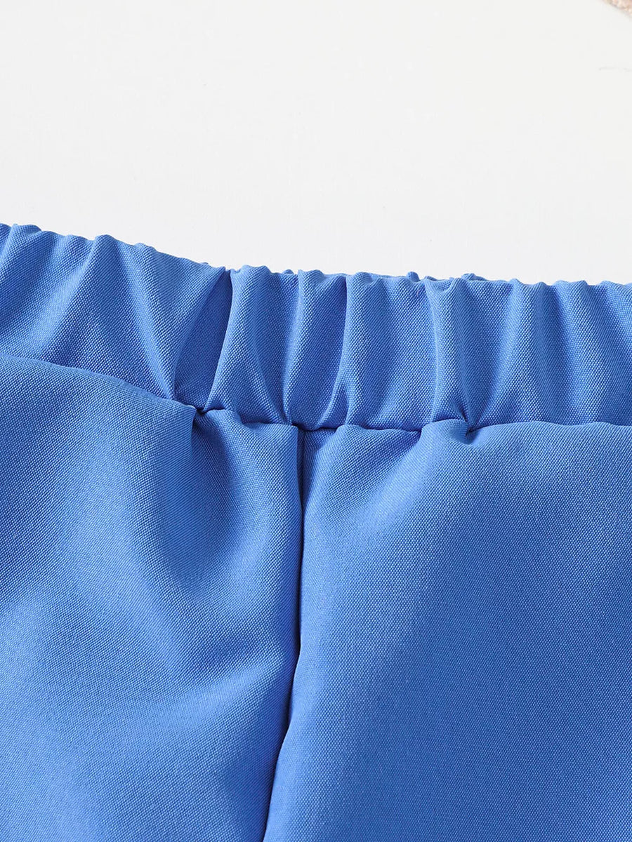 Blue cotton toddler shorts with elastic waistband detail