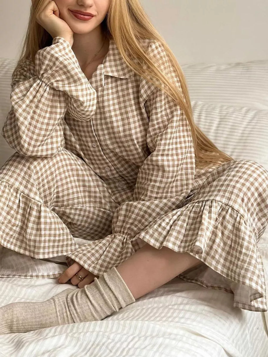 cream pajama set featuring buttoned and gingham