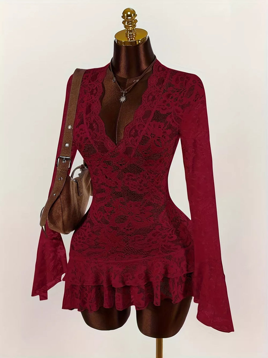 Red blouse featuring lace and floral