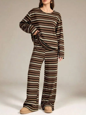 taupe pajama set featuring long-sleeve and striped