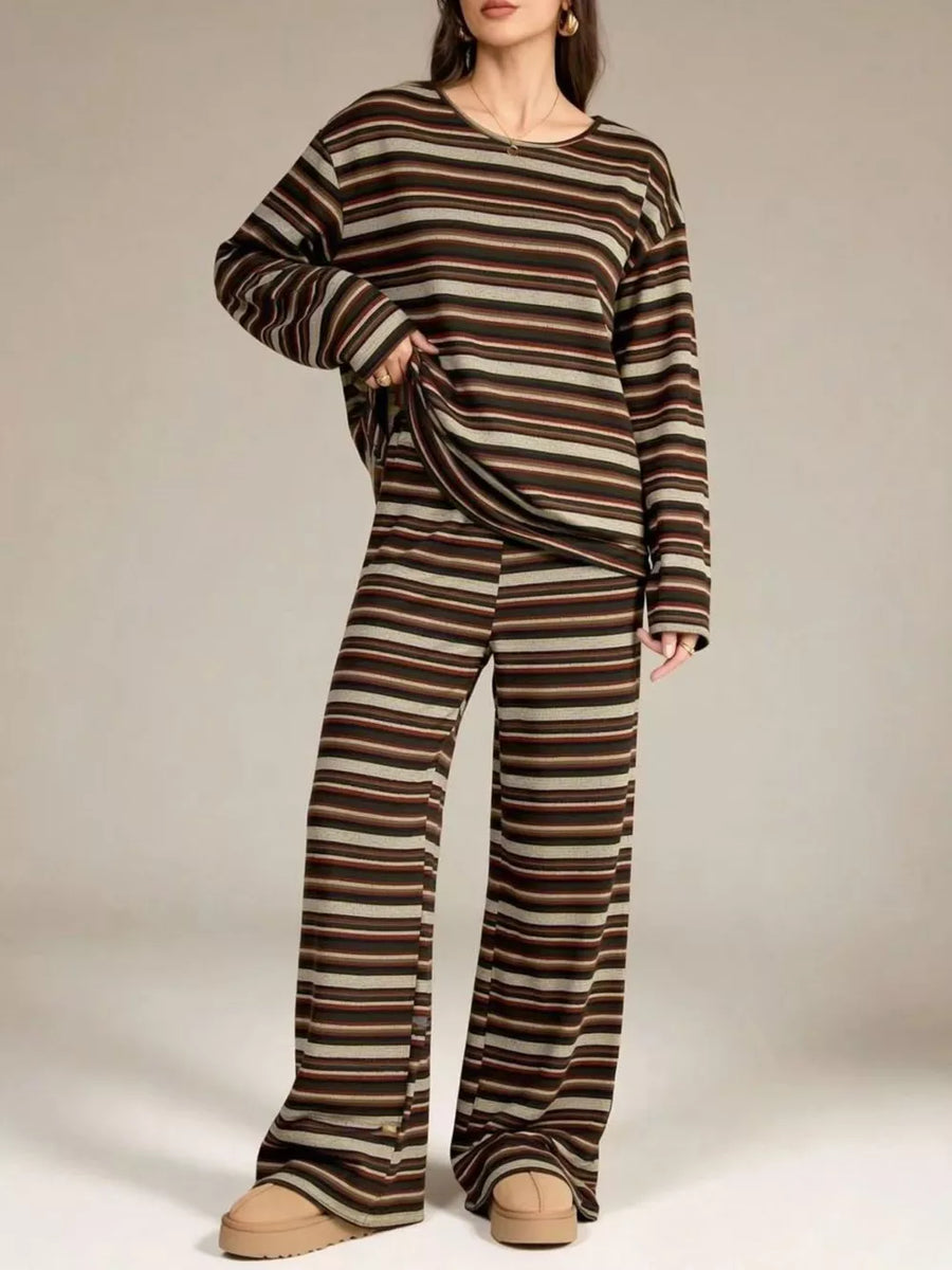 taupe pajama set featuring long-sleeve and striped