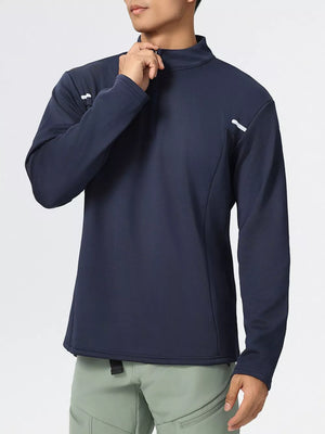 Men's dark navy cotton half-zip sweatshirt with white sleeve detail