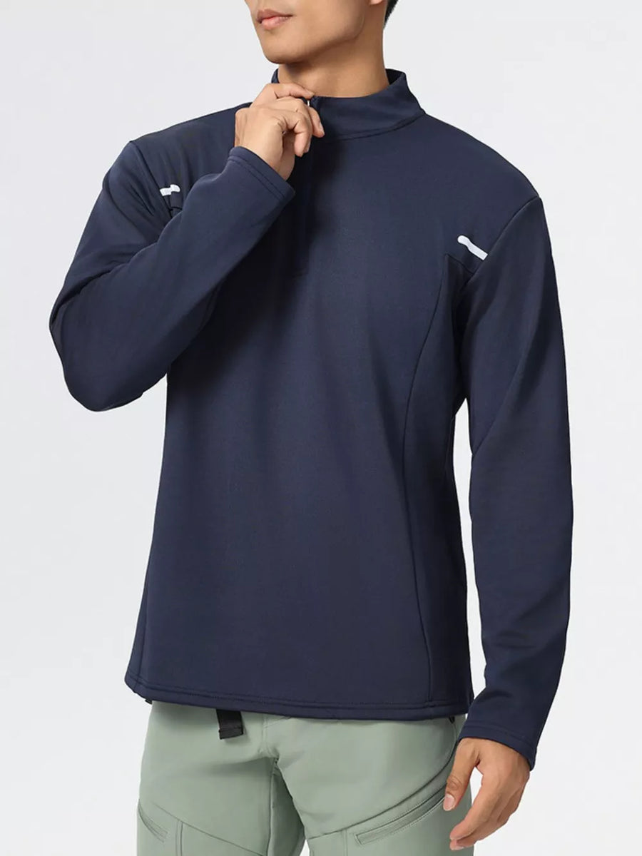 Men's dark navy cotton half-zip sweatshirt with white sleeve detail