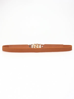 Chain detail faux leather elastic waist belt in Chocolate/Gold with gold hardware.