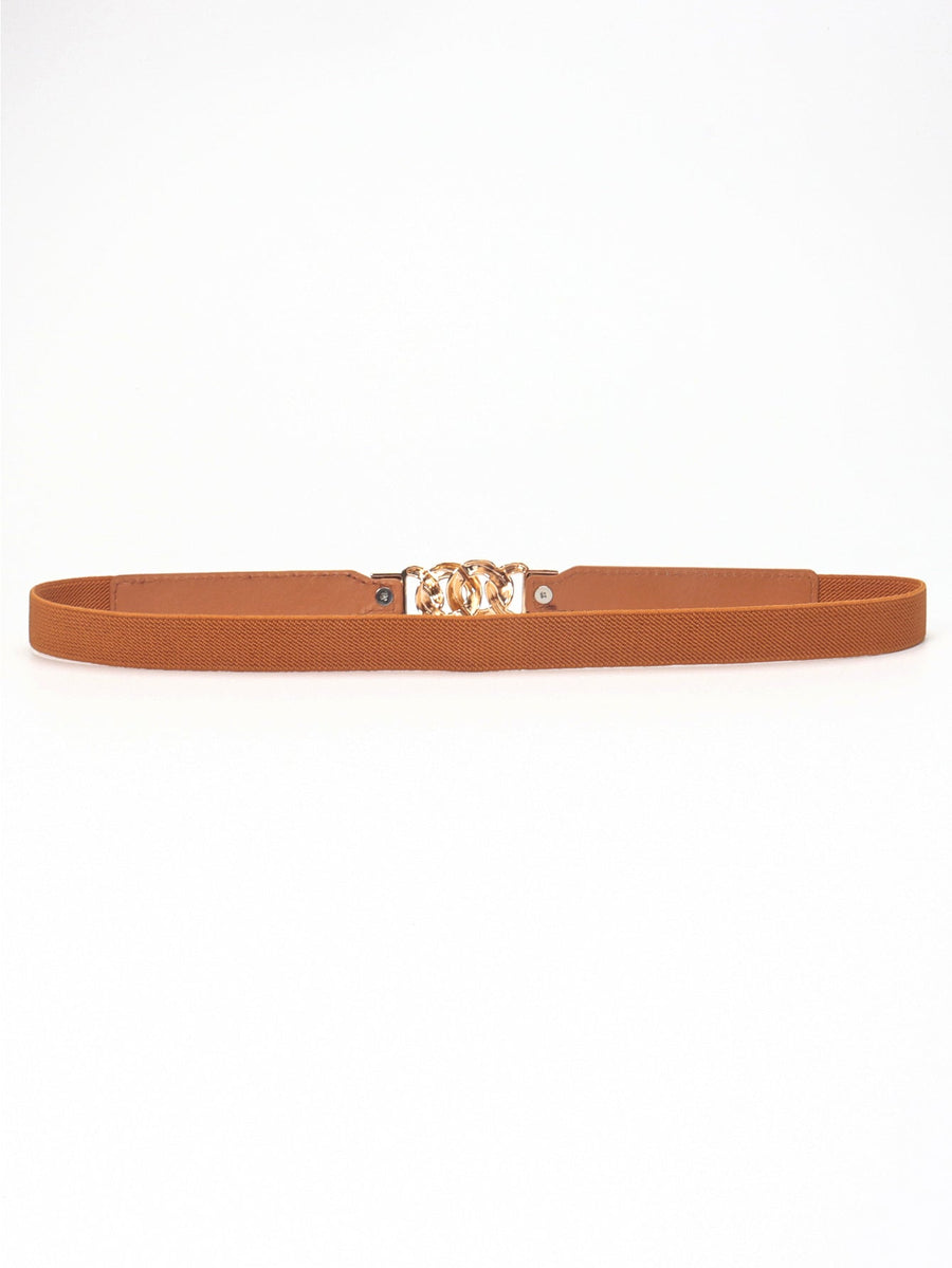 Chain detail faux leather elastic waist belt in Chocolate/Gold with gold hardware.
