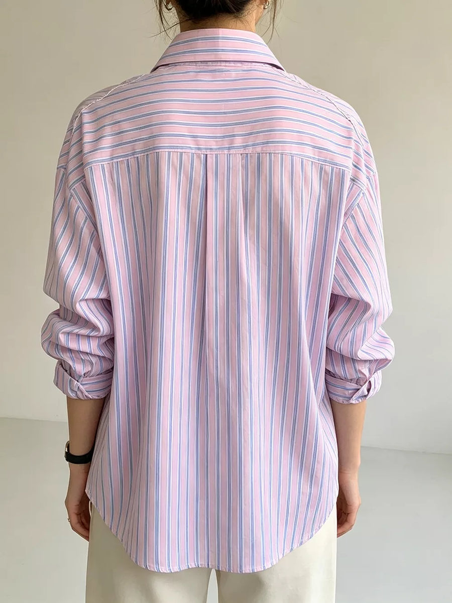 Blue button-down shirt with button-front and striped