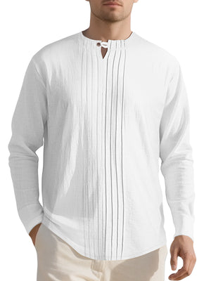 Men's Casual Pleated Long Sleeve Shirt Plus Size in White