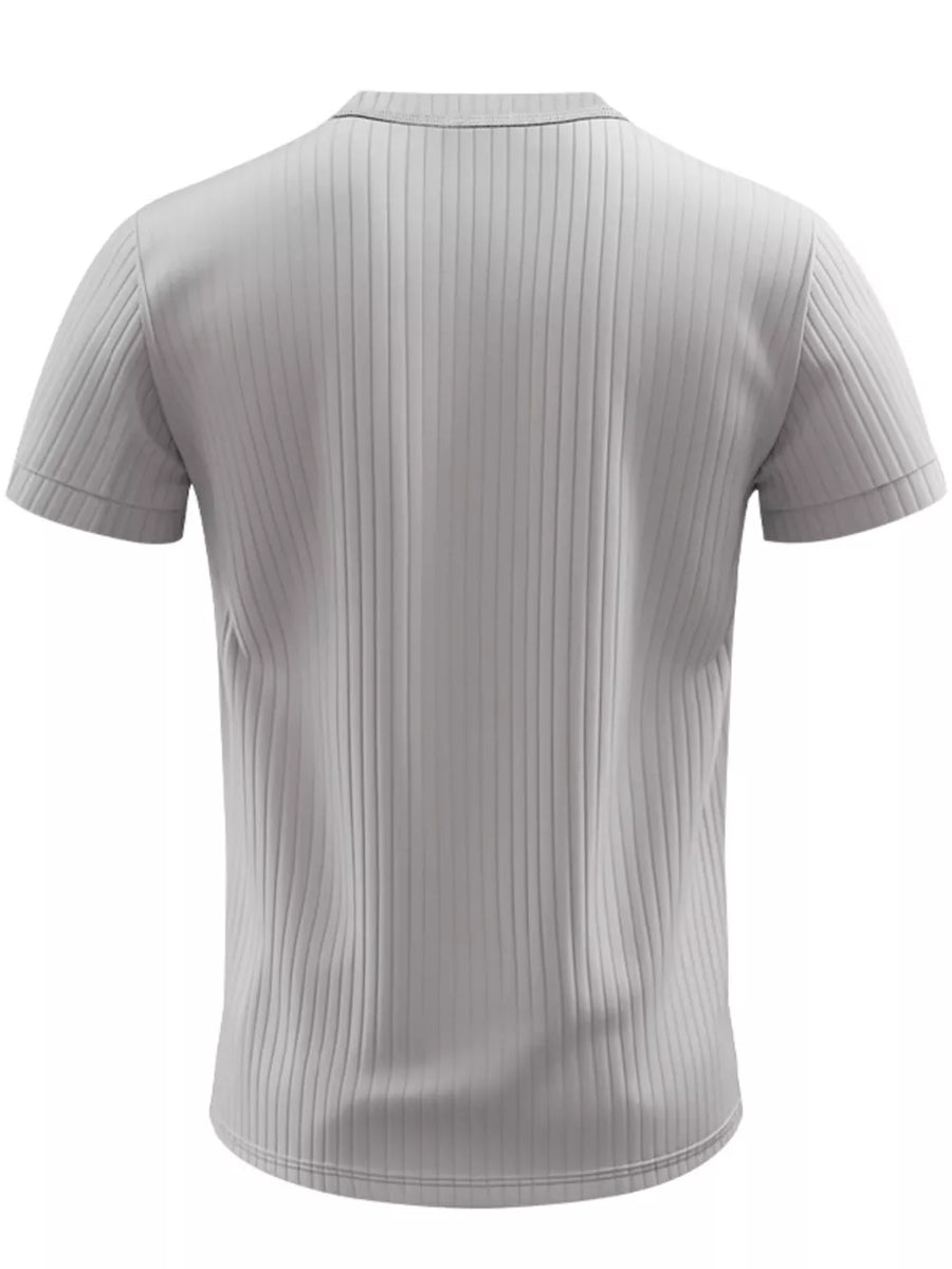 Gray ribbed cotton short sleeve tee with button-down collar detail