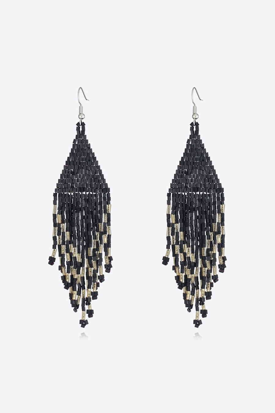 Black and gold beaded fringe earrings with a triangular shape and cascading strands.