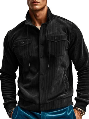 Black corduroy bomber jacket with two chest pockets and drawstring hood.