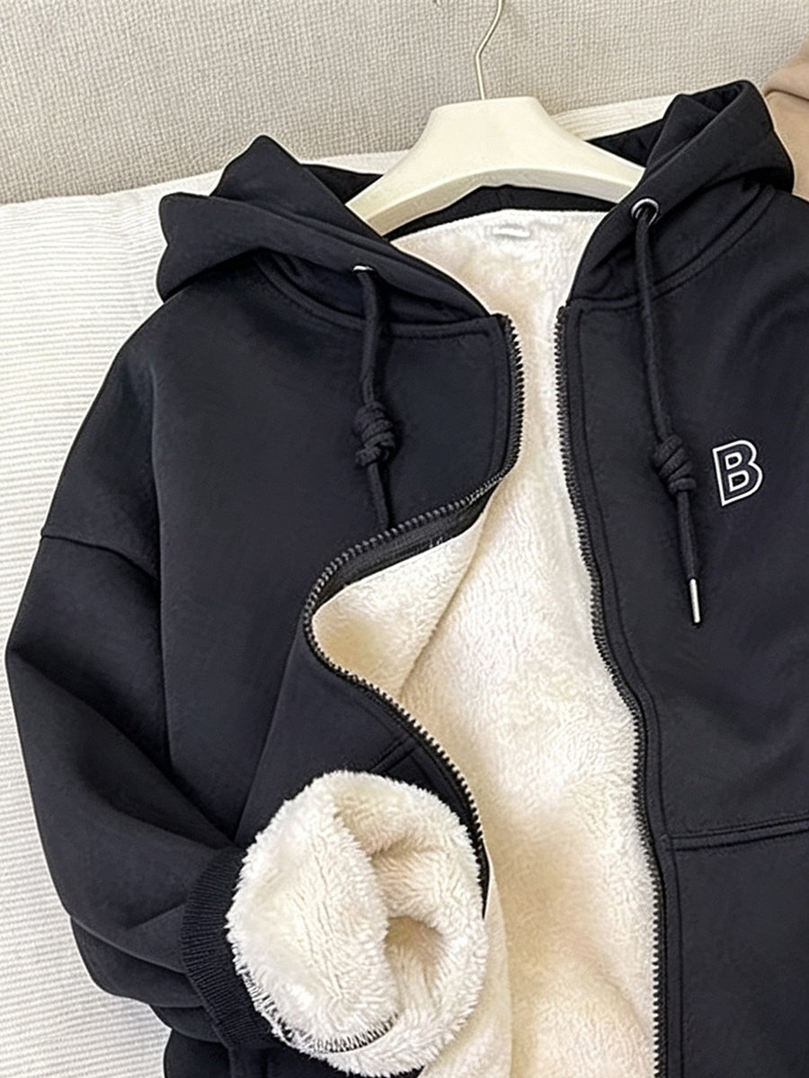 black zip hoodie with hip-length and zip-front
