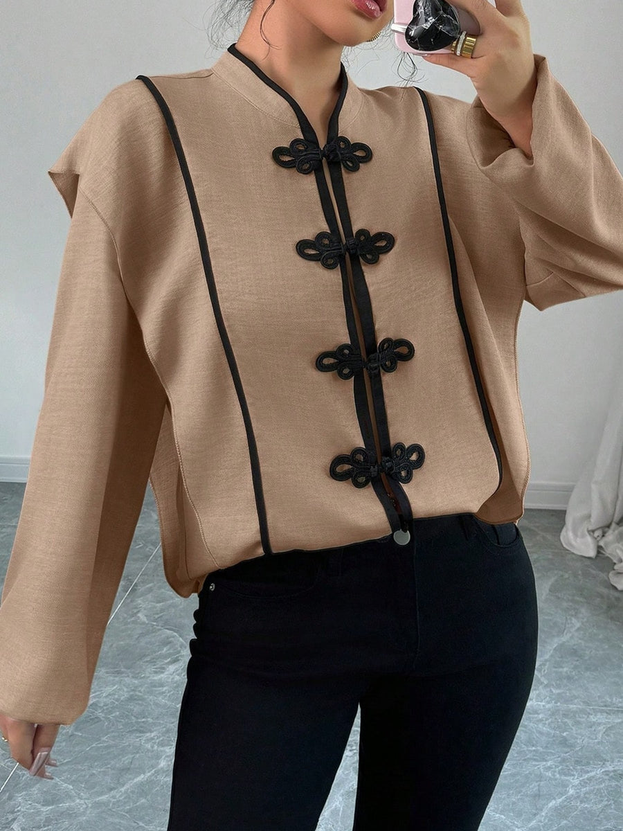 Mandarin Collar Relaxed Fit Blouse in Dark Gray with decorative button