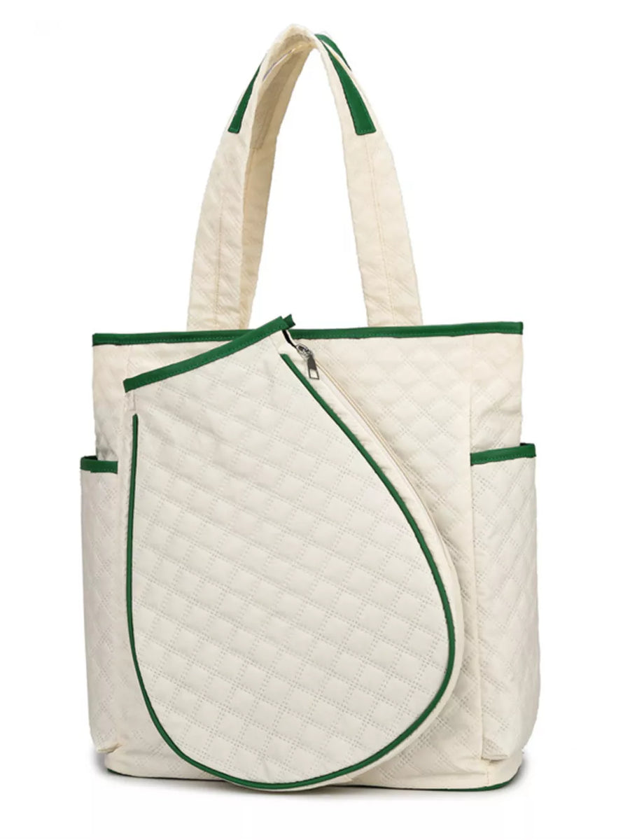 Off-white quilted sports racket backpack with green trim and dual straps.