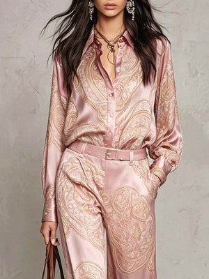 Paisley Print Long Sleeve Shirt And Wide-Leg Pants Set in Black