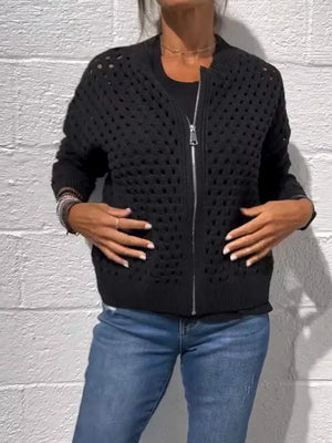 black cardigan with openwork and crew neck