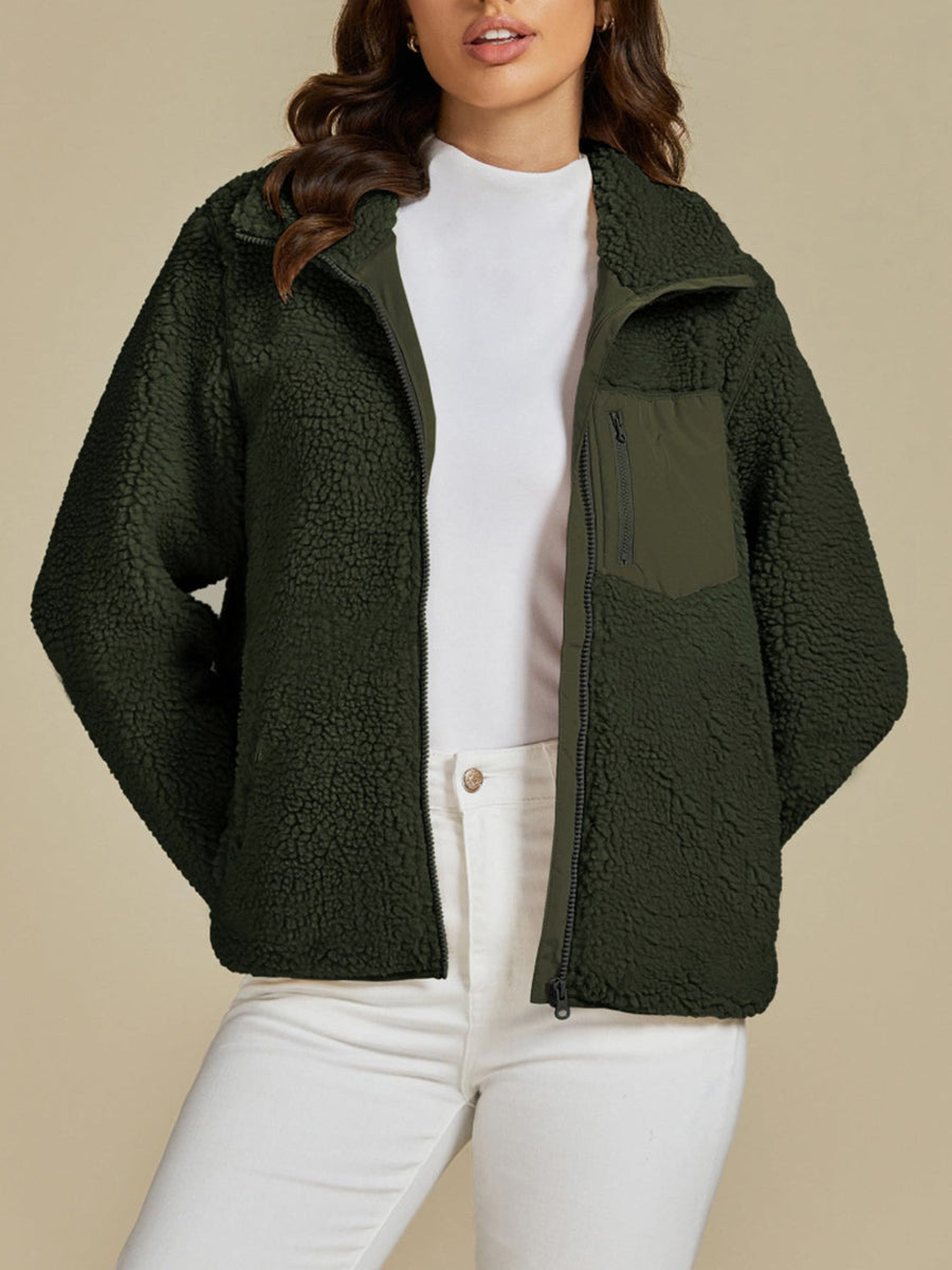 Dark Green Sherpa Zip-Up Jacket with patch pocket and zip pocket detail