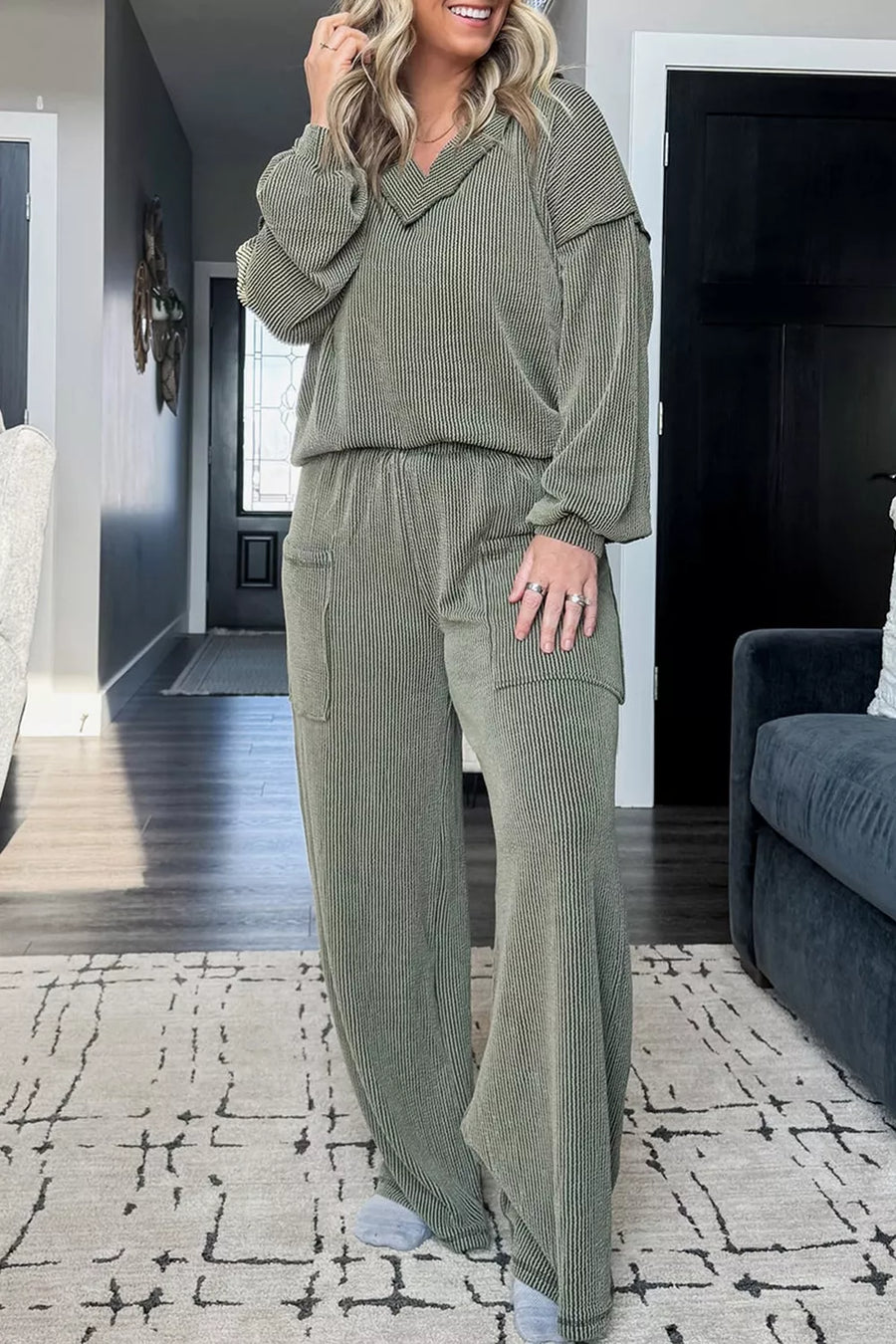 Sage lounge set featuring waffle-knit and ribbed