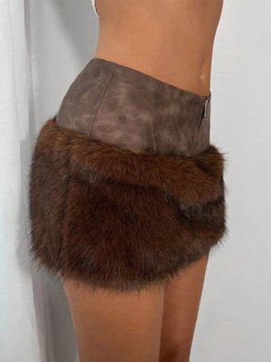 Faux Fur Trim Mini Skirt in Brown