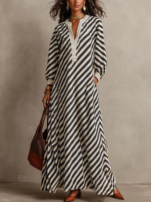 black maxi dress with striped and v-neck
