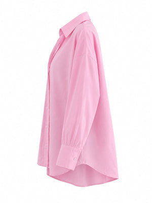 Full Size Oversized Button-Down Long Sleeve Shirt in Purple with high-low hem