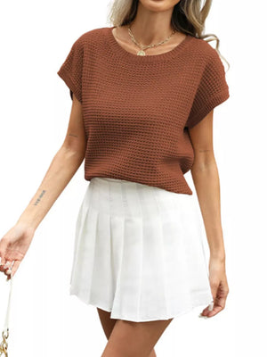 Apricot pullover sweater with ribbed and short sleeve