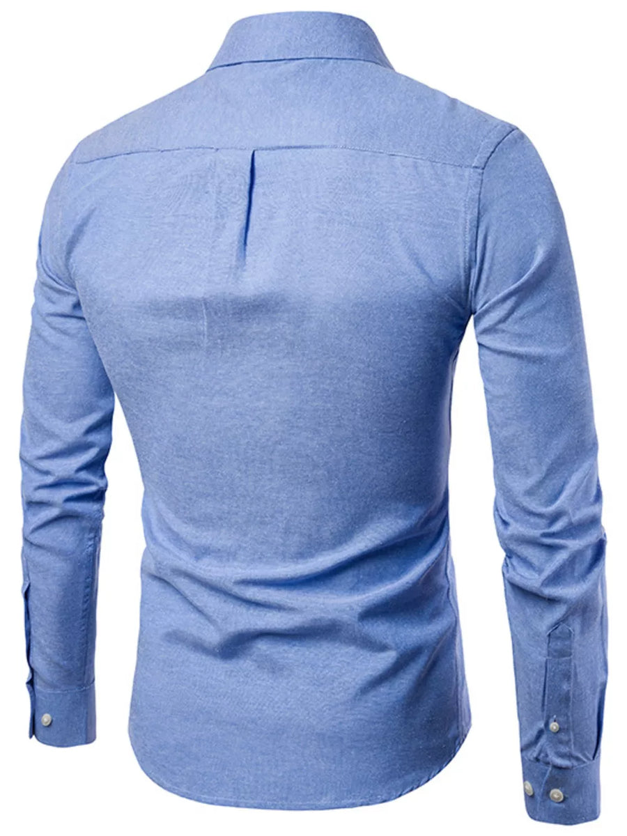 Sky blue cotton button-down shirt with back pleat detail and buttoned cuffs.