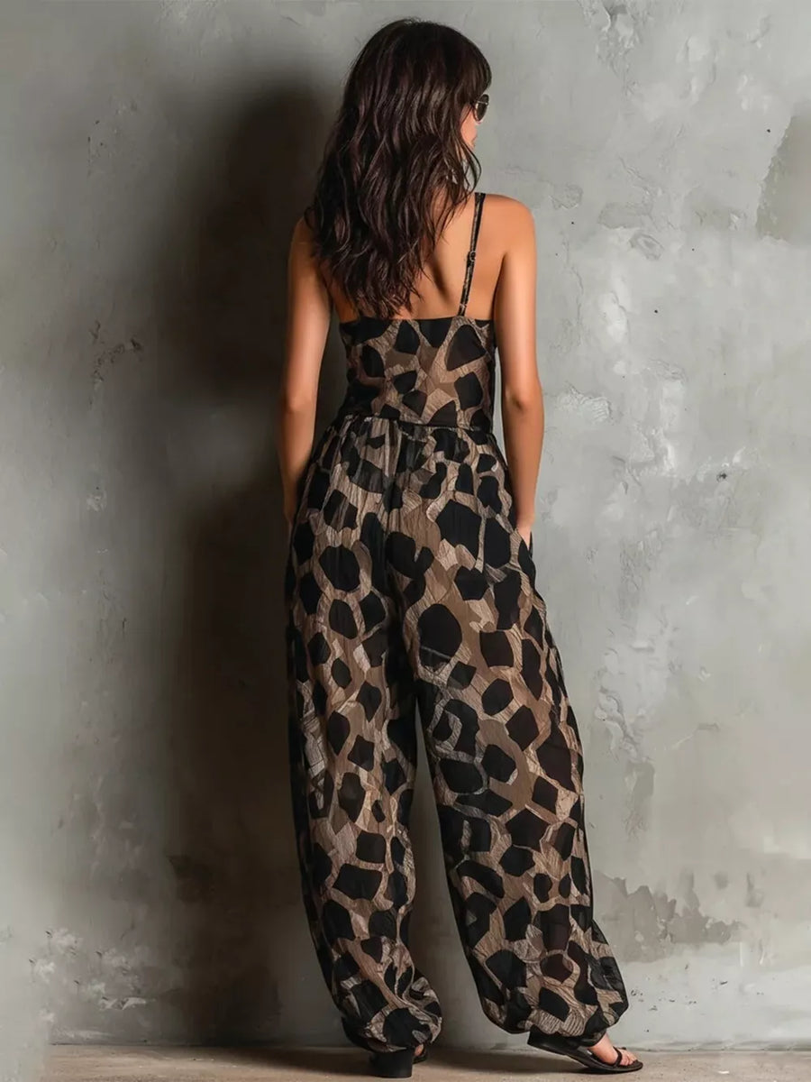 tan jumpsuit featuring tied and geometric