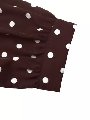 Polka Dot Long Sleeve Shirt Dress in Brown with buttoned