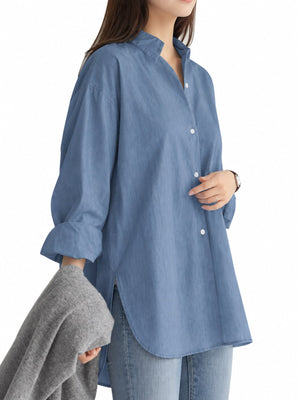white button-down shirt with side slit and long sleeve