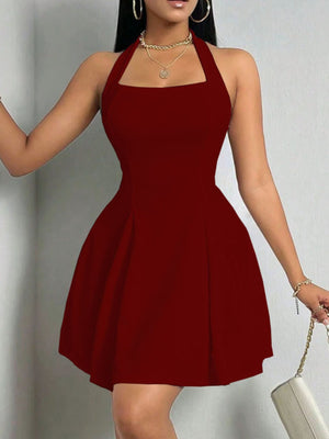 Halter Neck Sleeveless A-Line Mini Dress in Wine Red with halter neck