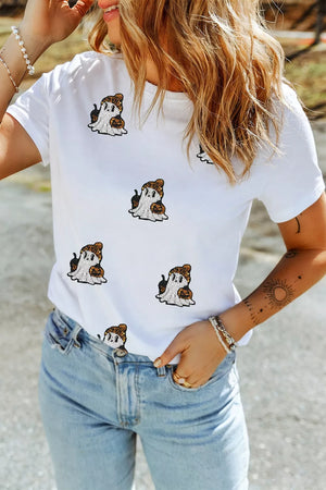 white t-shirt with ghost print and crew neck