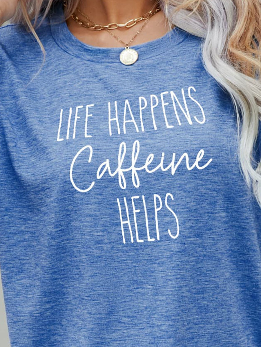 Cobalt blue slub knit tee with white "Caffeine Helps" graphic print.