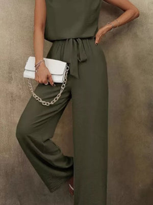 Army Green two-piece set with full-length and tie